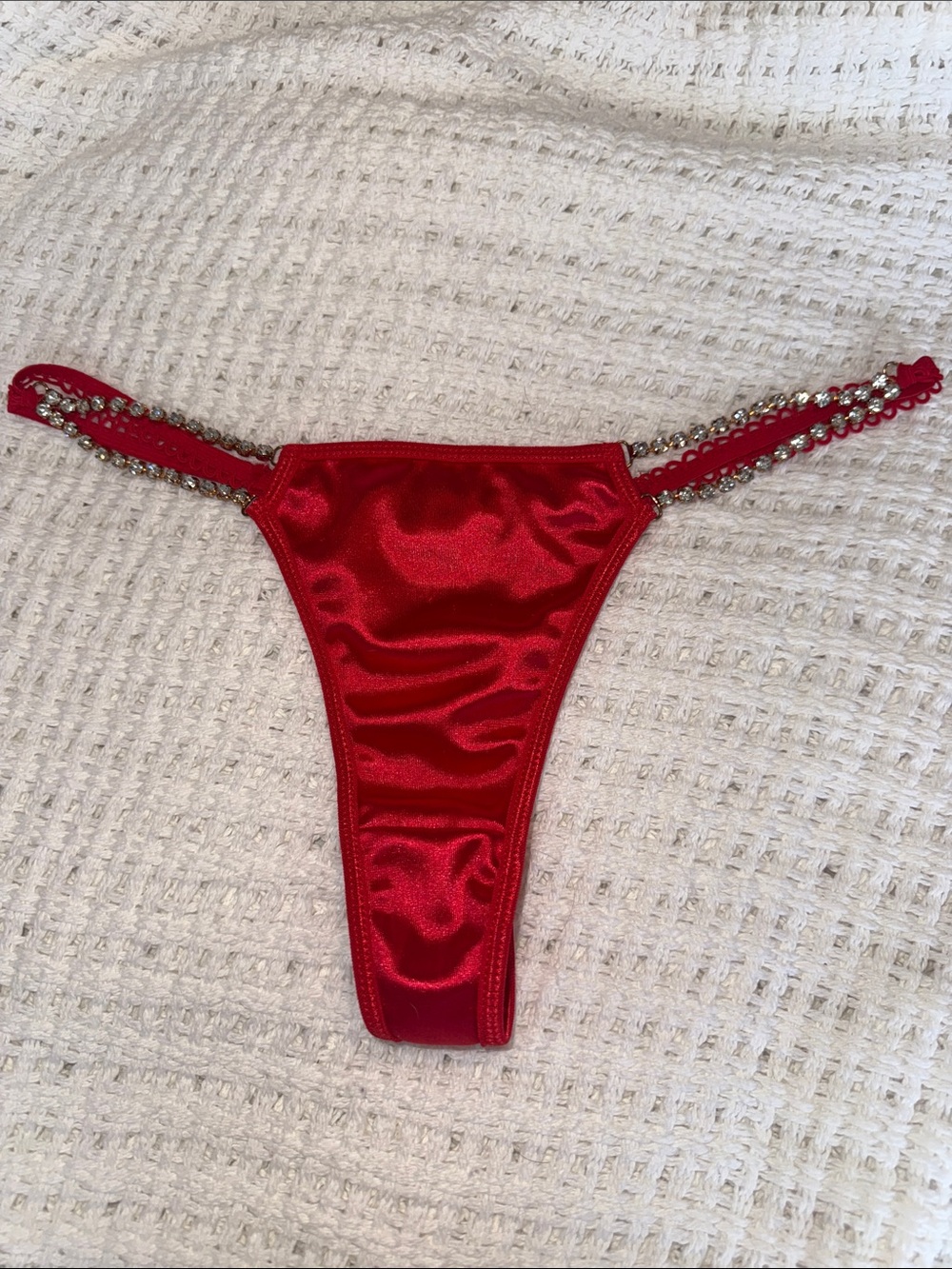 Metallic Red Rhinestone-Trim Thong Bikini Bottom